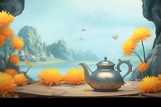 秋季山水赏菊泡茶重阳节插画素材