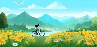 春天蓝天鸟白云群山花丛草丛骑着自行车的女孩人物插画素材背景