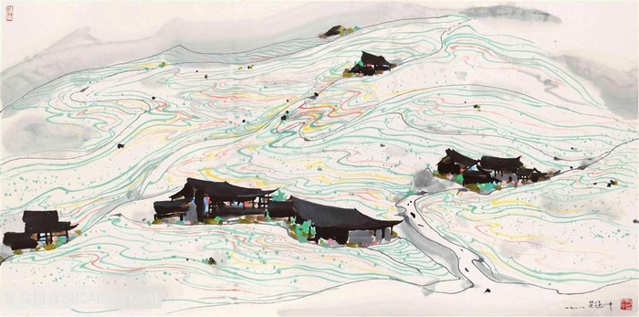 吴冠中手绘唯美水墨乡村房子装饰画