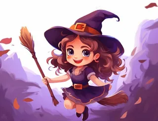 万圣节女巫骑扫把紫色卡通插画背景