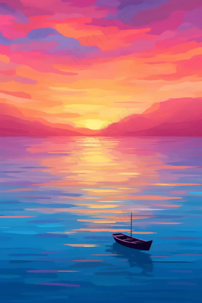 海洋日出日落晚霞夕阳行驶的帆船插画背景(2688x4032)