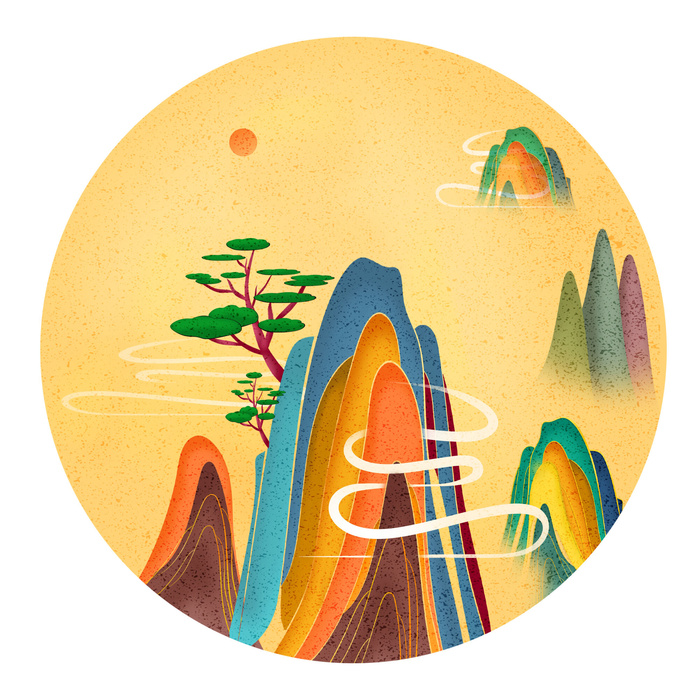 中国风国潮山水插画祥云中式手绘烫金线条元素png装饰背景PSD素材