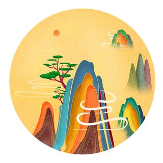 中国风国潮山水插画祥云中式手绘烫金线条元素png装饰背景PSD素材