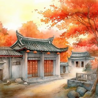 秋季胡同里古代建筑庭院水彩画水墨画素材