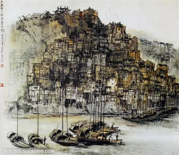 国画名家作品-李可染的夕照中的重庆山城