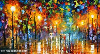 油画唯美树林道路美景