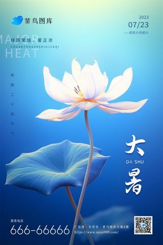 大暑简约大气蓝色白荷花节气海报