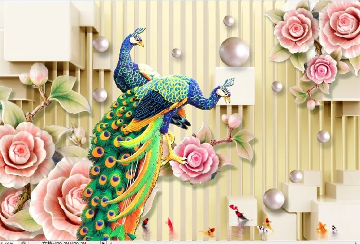 雕塑孔雀大花背景墙