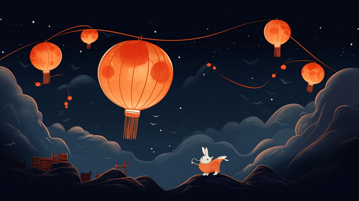 夜晚红灯笼白兔卡通插画素材(4368x2448)