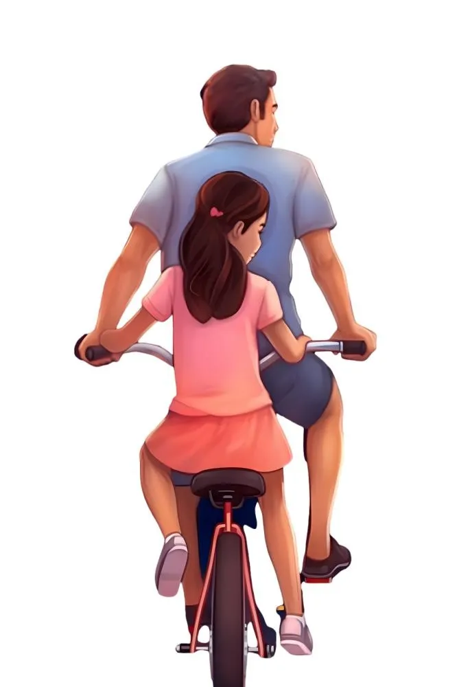 大人父亲骑自行车载着孩子免抠(1266x1900)