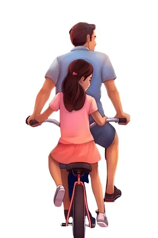 大人父亲骑自行车载着孩子免抠