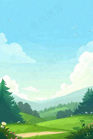 春天郊外旅行蓝天白云清新草地手绘，春分