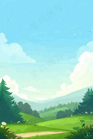 春天郊外旅行蓝天白云清新草地手绘，春分