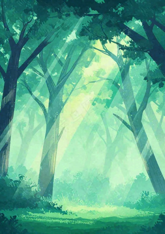 春意盎然的树林里阳光洒下绿草茵茵的水彩画(928x1312)