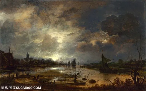 欧洲古典小镇田园风光风景油画