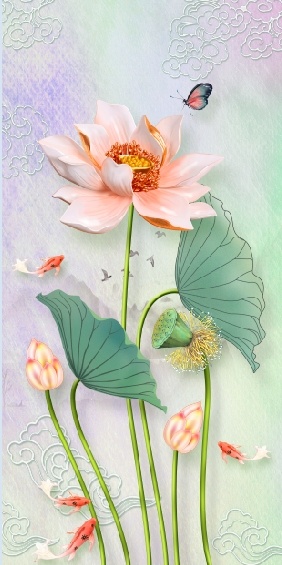 雕塑荷花鱼群玄关背景墙