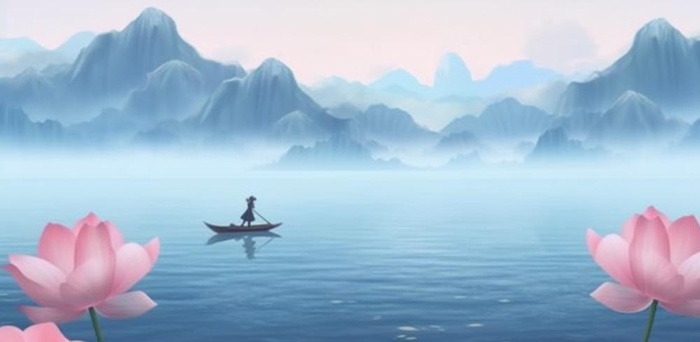山水画湖泊花背景(1200x587)