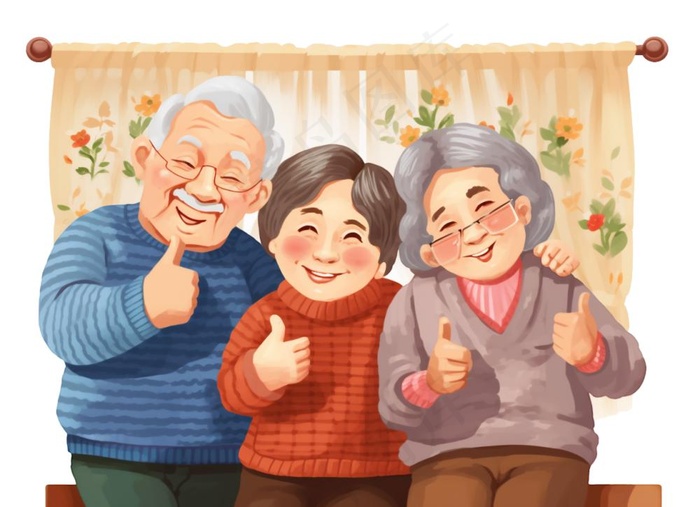 老人合照团聚卡通插画免抠(1280x928)