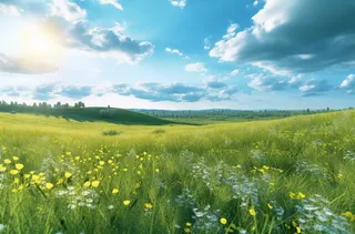 黄色花朵的绿色草地图像浅天蓝色摄影图