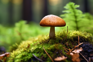 生长在苔藓的蘑菇摄影图
