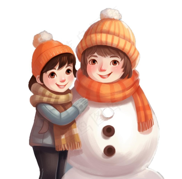雪天女孩堆雪人卡通插画免抠(1040x1024)