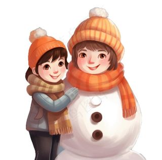 雪天女孩堆雪人卡通插画免抠