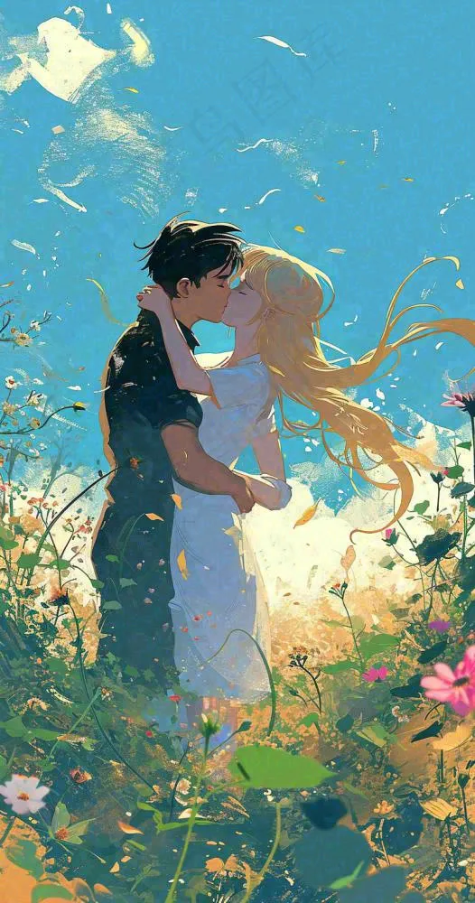 蓝天白云下情侣拥抱亲吻爱情，鲜花小草，情清新人节(800x1520)