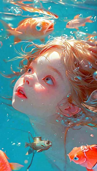 海底世界金鱼鱼类和小女孩人物游泳