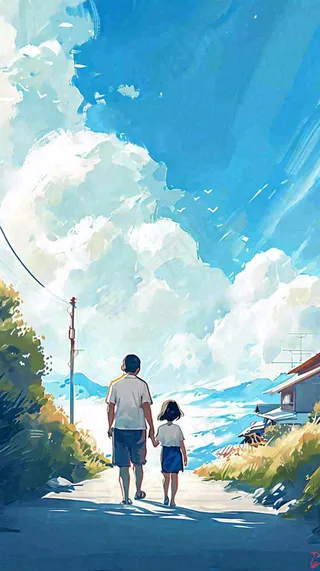 蓝天白云下父亲牵着手，父爱背影亲情伟大感恩