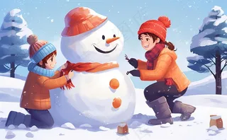 冬季下雪堆雪人孩子们儿童卡通插画背景
