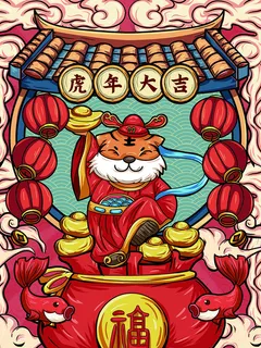 虎年新年海报展板psd模板新年快乐虎年大吉