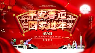 虎年新年海报展板psd模板红色喜庆插画平安春运