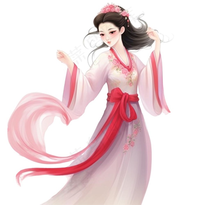 古风古装少女仙气粉色衣裙插画免抠(1024x1024)