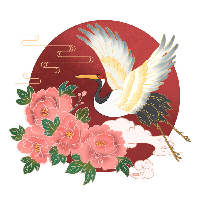 中国风国潮仙鹤山水插画手绘元素场景PSD设计素材