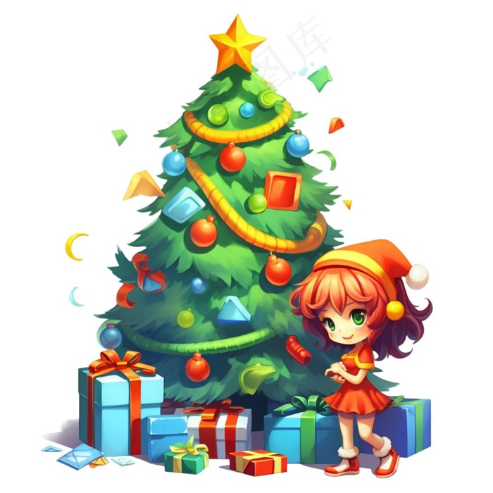 圣诞树装饰礼物小孩儿童节日卡通插画免抠