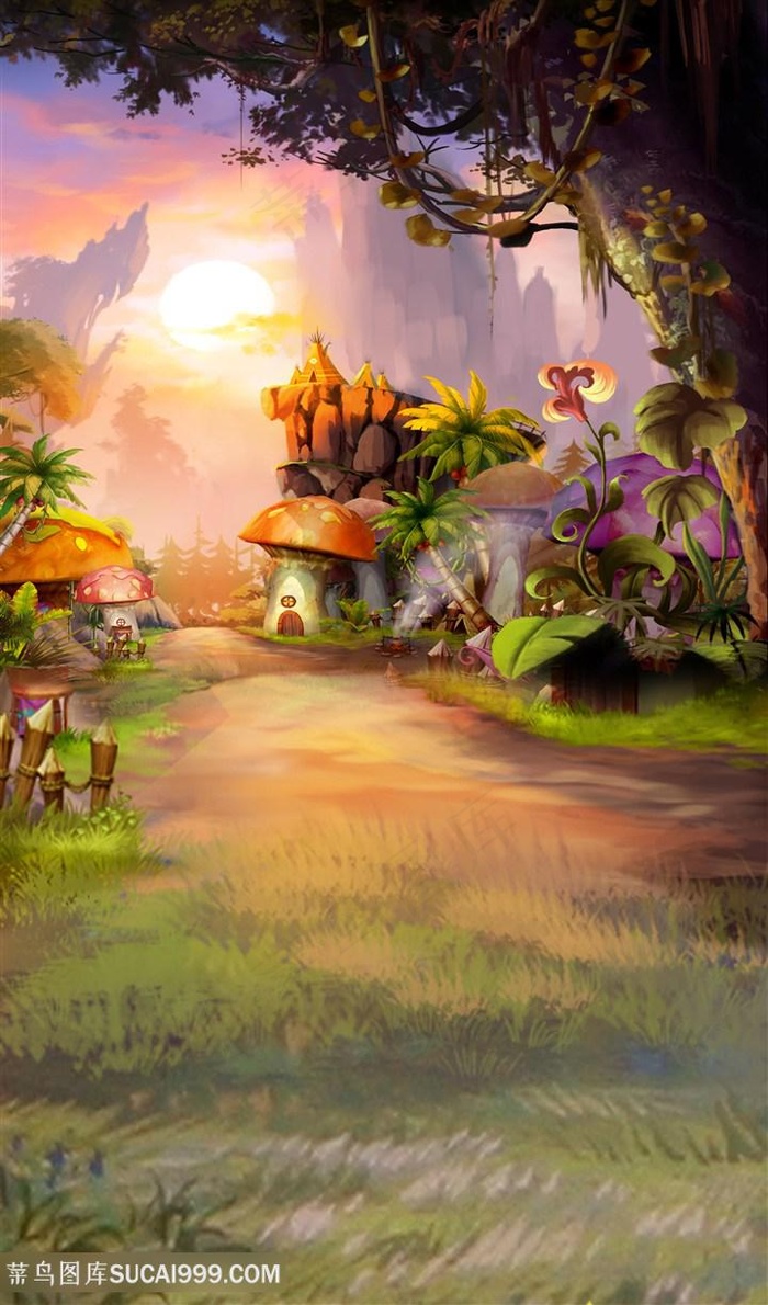 大树蘑菇森林美景儿童背景