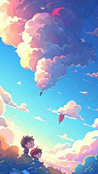 儿童节温馨蓝天白云热气球，活力玩耍卡通手绘插画