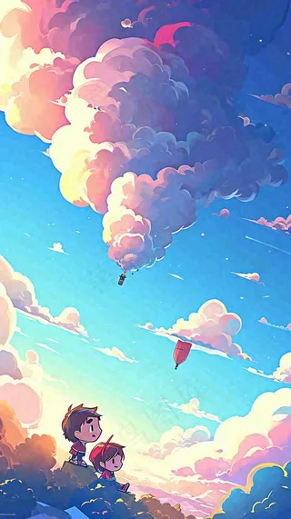 儿童节温馨蓝天白云热气球，活力玩耍卡通手绘插画