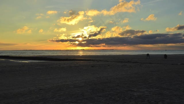 日落, 海滩, 北海, 沙滩, 船, 渡船, 人们