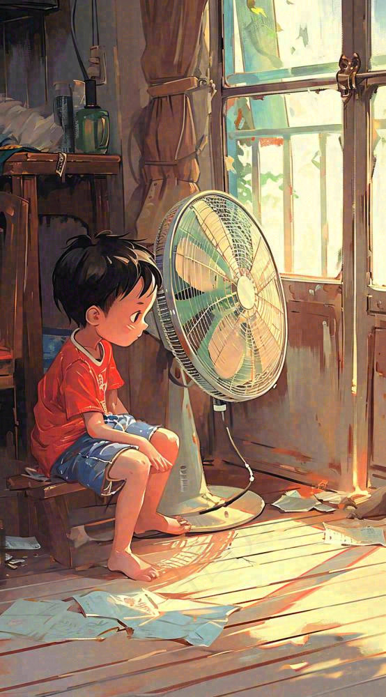 夏天夏季居家儿童吹清凉风扇，夏至小暑大暑手绘插画(816x1472)