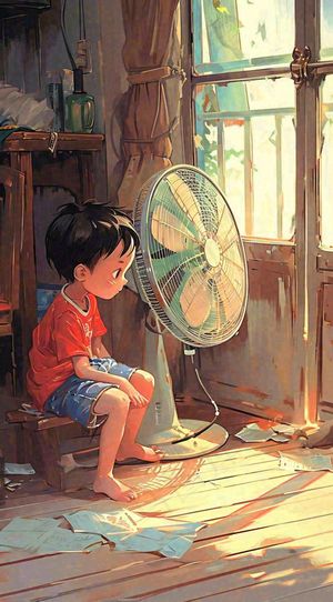 夏天夏季居家儿童吹清凉风扇，夏至小暑大暑手绘插画