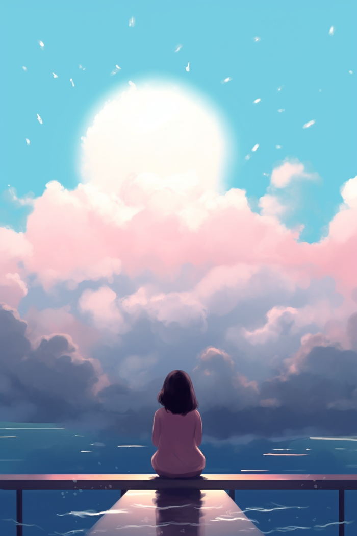 夏日海边云彩天空女孩坐着码头卡通插画素材背景 (x)