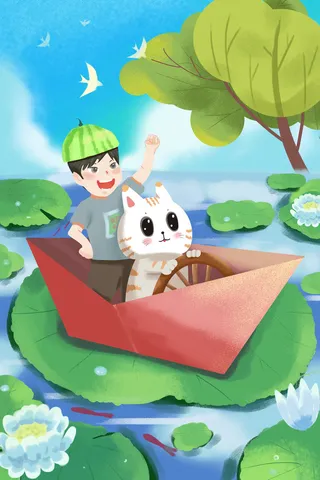 男孩猫咪荷叶船夏至插画绿色夏至海报