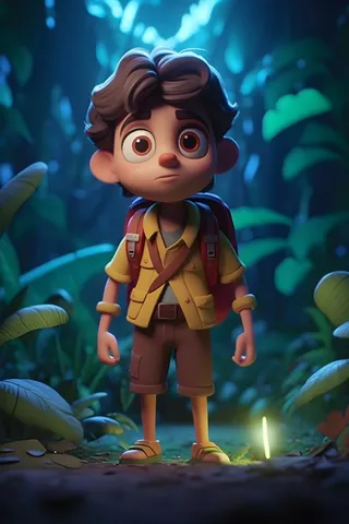 森林探险旅行男孩夜晚3D卡通背景