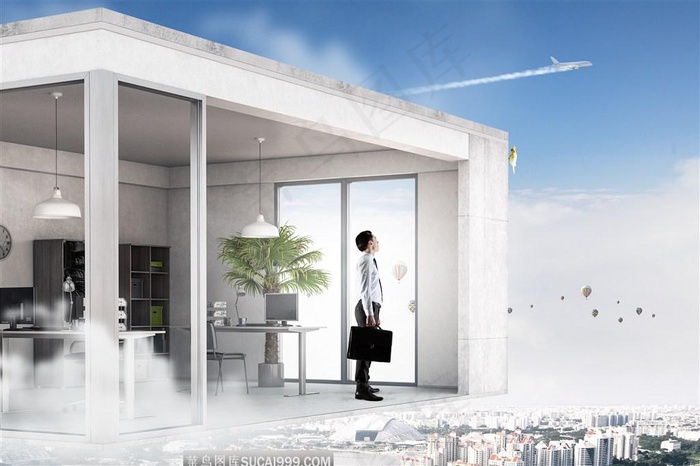 站在白色办公室里仰望天空的商务人士高清图片