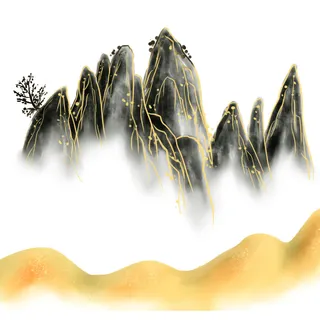 中国风国潮山水插画祥云中式手绘烫金线条元素png装饰背景PSD素材