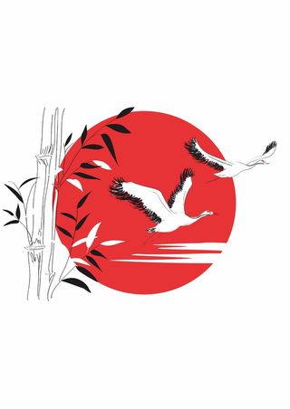 国风落日 红太阳竹子 竹叶仙鹤