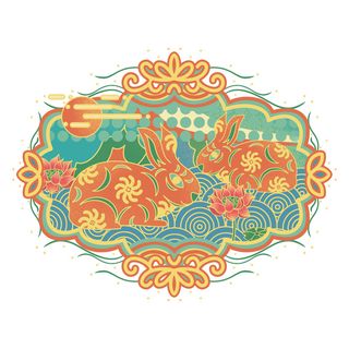 中国风国潮十二生肖兔手绘烫金插画春节剪纸元素PSD设计素材