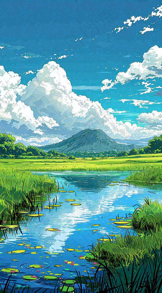 春天阳光灿烂远处的高山和田野春意盎然手绘卡通画(816x1472)