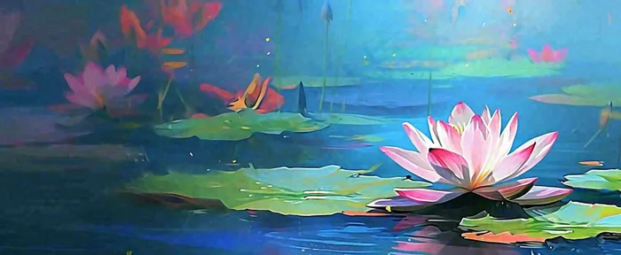 夏季池塘荷花荷叶盛开油画，小暑大暑夏至(1712x704)